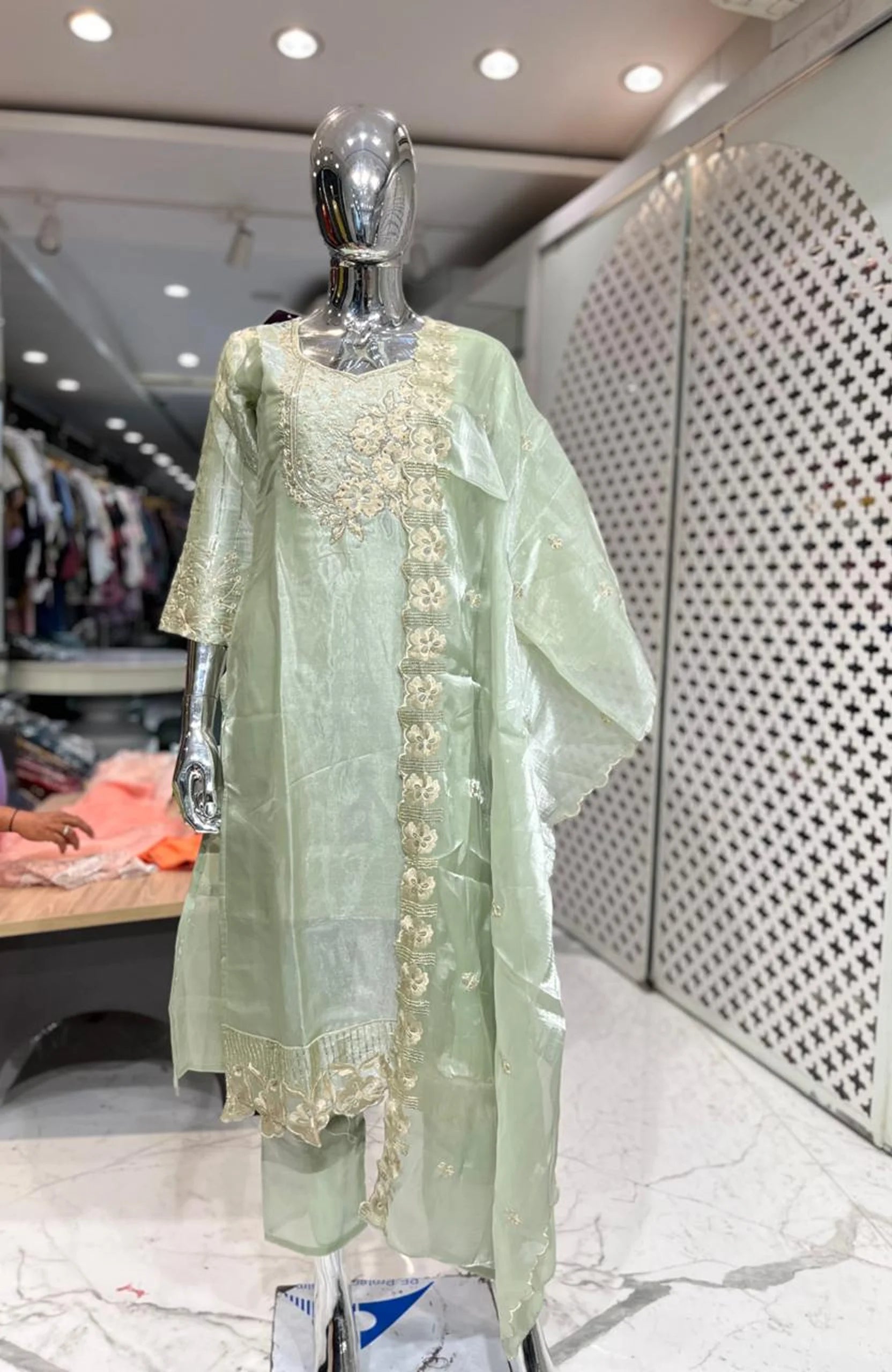 Pista Green Organza Embroidery & Handwork 3 Piece Kurti Pant Dupatta Set for Women | Designer Ethnic Wear