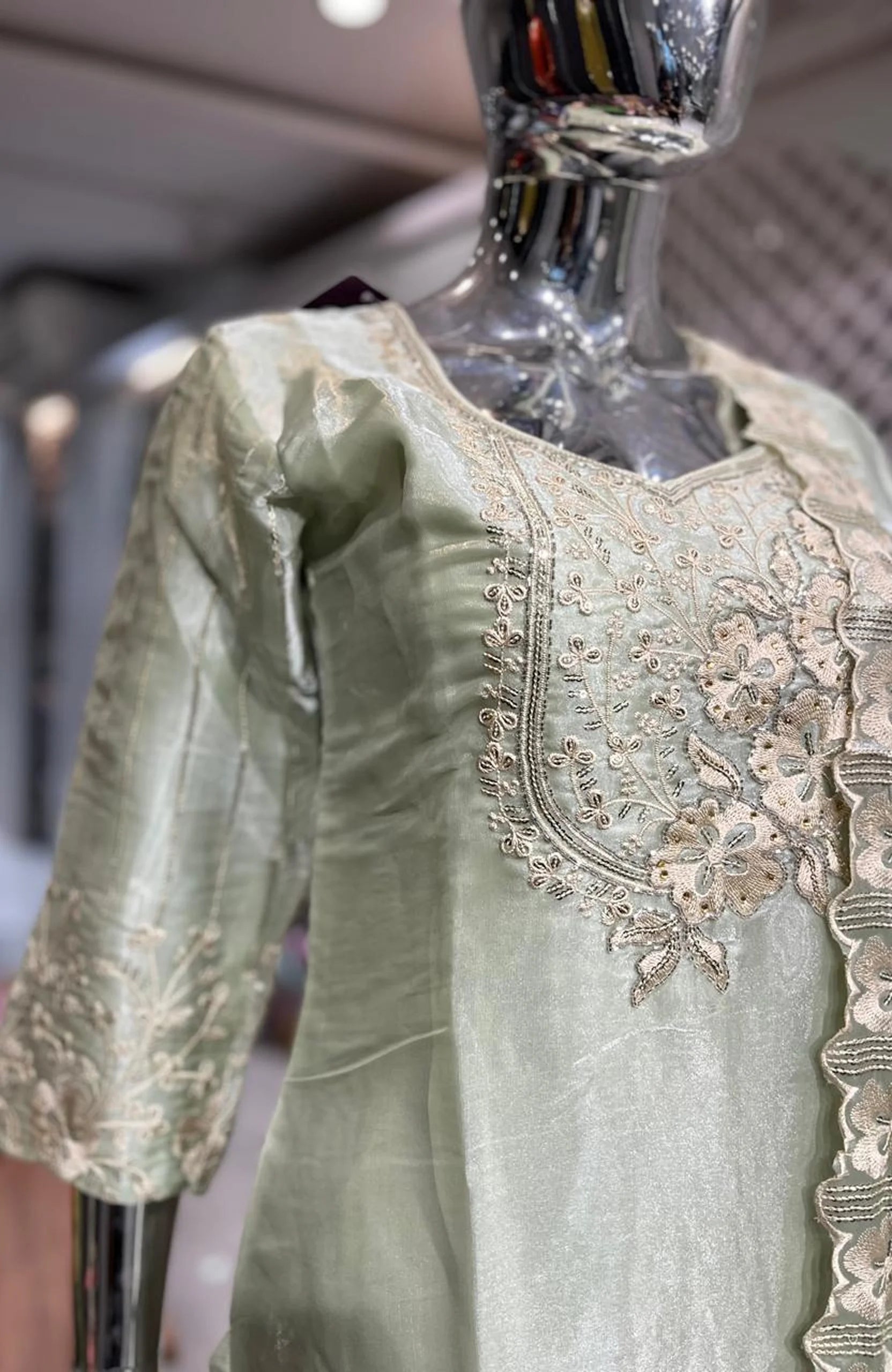 Pista Green Organza Embroidery & Handwork 3 Piece Kurti Pant Dupatta Set for Women | Designer Ethnic Wear