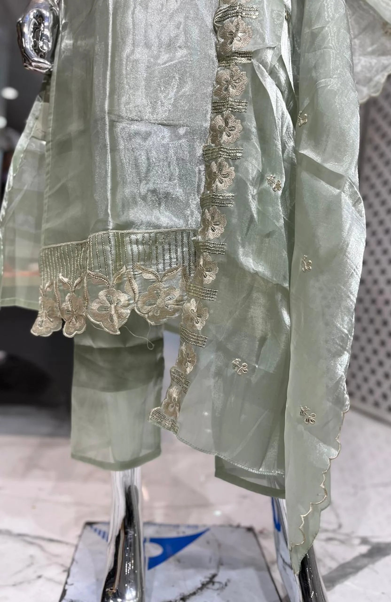 Pista Green Organza Embroidery & Handwork 3 Piece Kurti Pant Dupatta Set for Women | Designer Ethnic Wear
