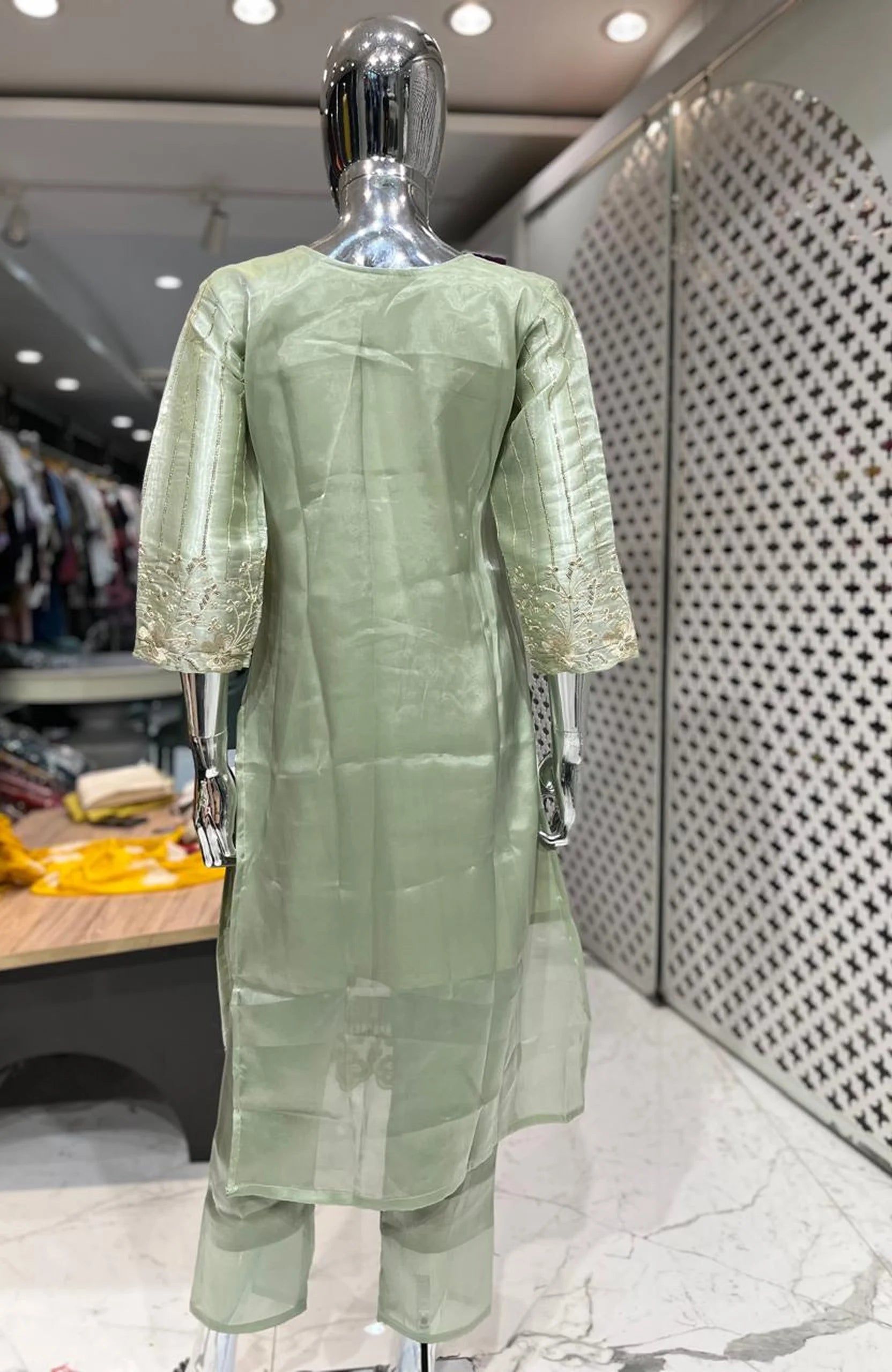 Pista Green Organza Embroidery & Handwork 3 Piece Kurti Pant Dupatta Set for Women | Designer Ethnic Wear