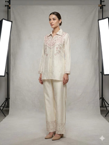 Cream Pure Chinon Gota Embroidered 2 Piece Cord Set for Women | Designer Ethnic Wear