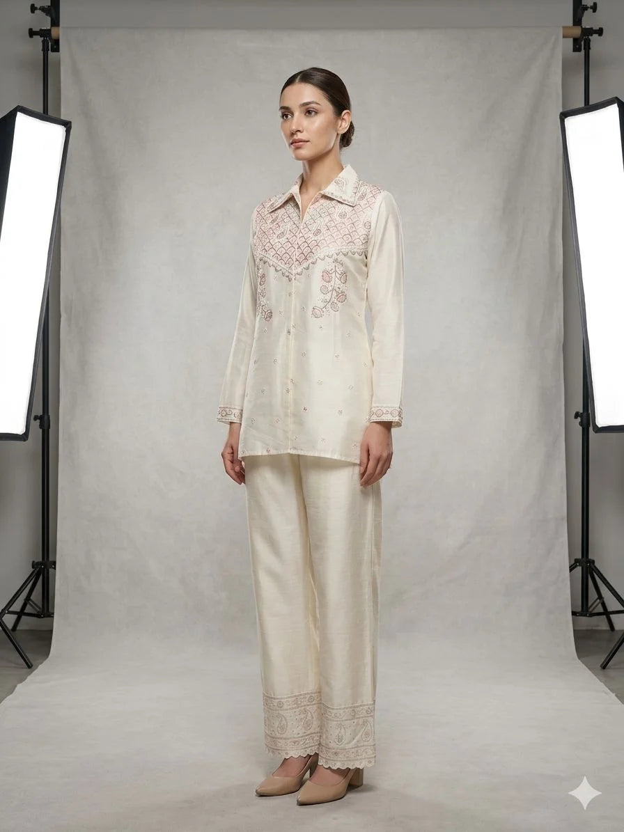 Cream Pure Chinon Gota Embroidered 2 Piece Cord Set for Women | Designer Ethnic Wear