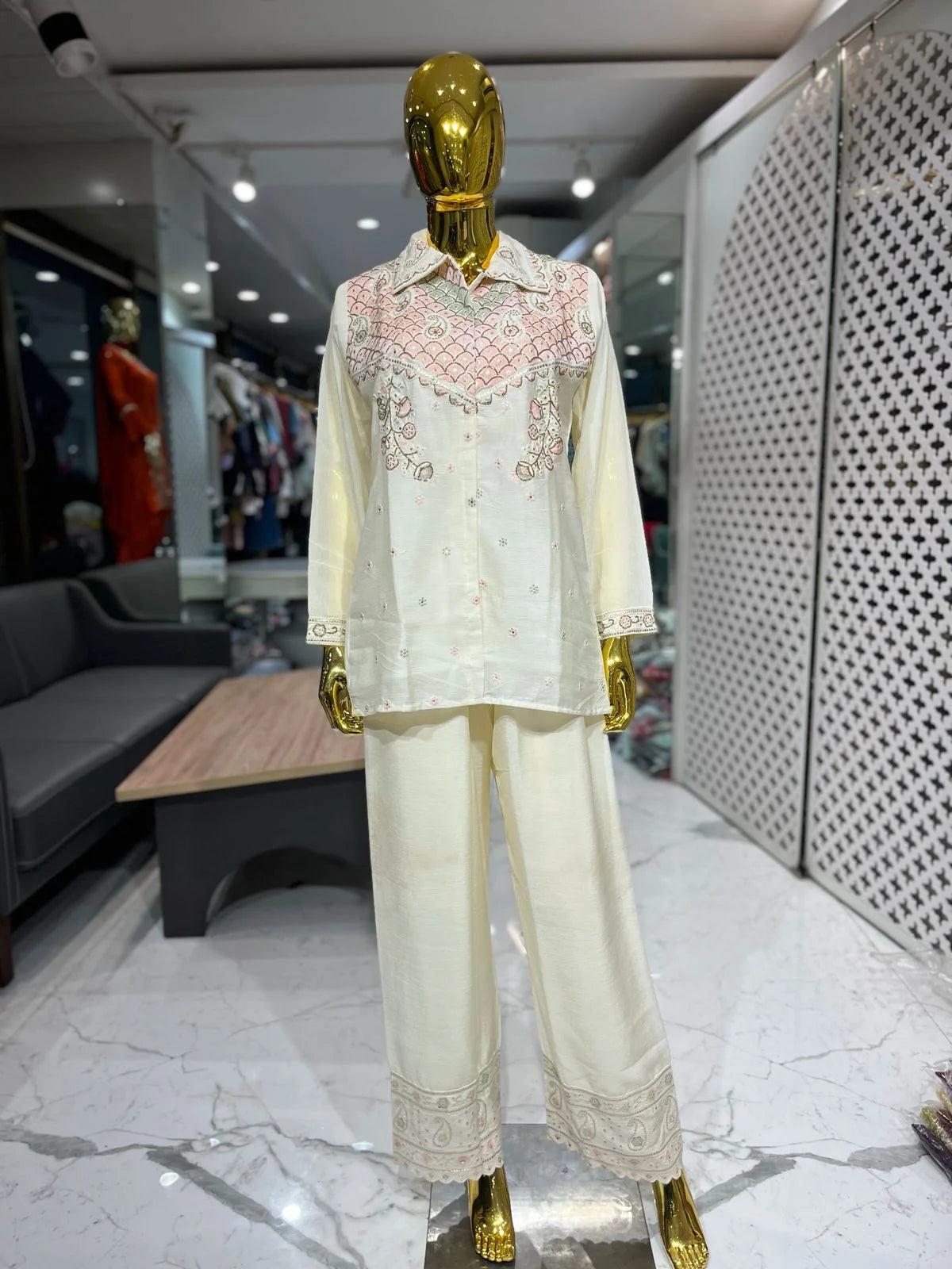 Cream Pure Chinon Gota Embroidered 2 Piece Cord Set for Women | Designer Ethnic Wear