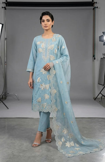Sky Blue Silk Cotton Embroidery Work 3 Piece Kurti Pant Dupatta Set for Women | Designer Ethnic Wear