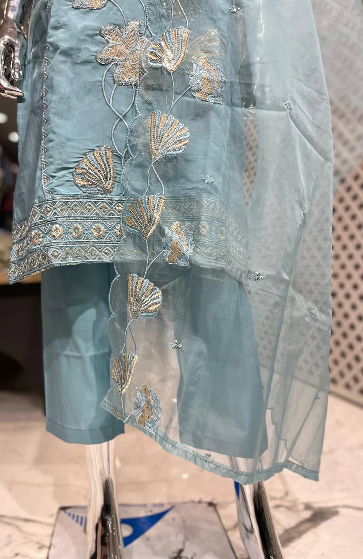 Sky Blue Silk Cotton Embroidery Work 3 Piece Kurti Pant Dupatta Set for Women | Designer Ethnic Wear