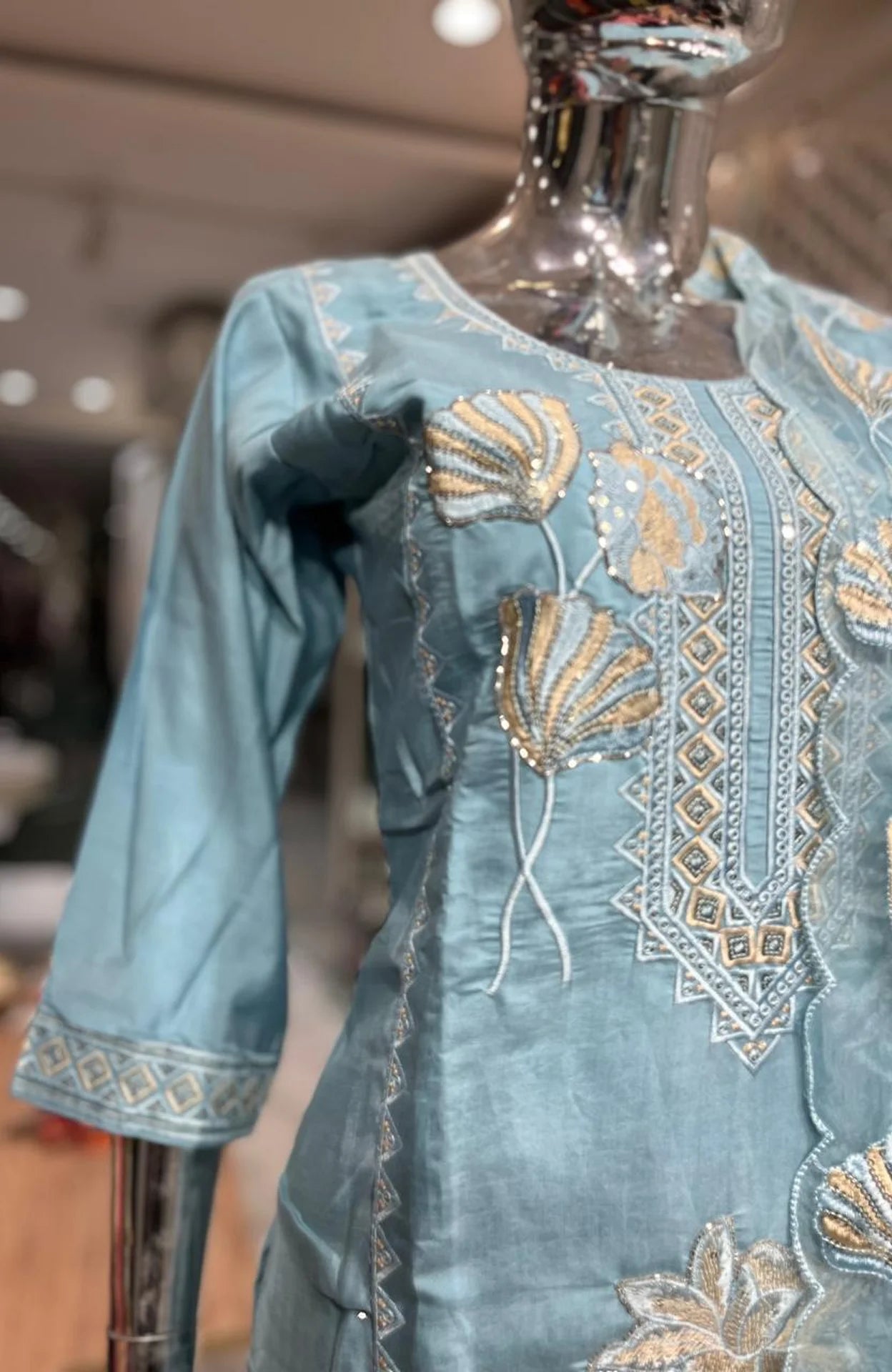 Sky Blue Silk Cotton Embroidery Work 3 Piece Kurti Pant Dupatta Set for Women | Designer Ethnic Wear