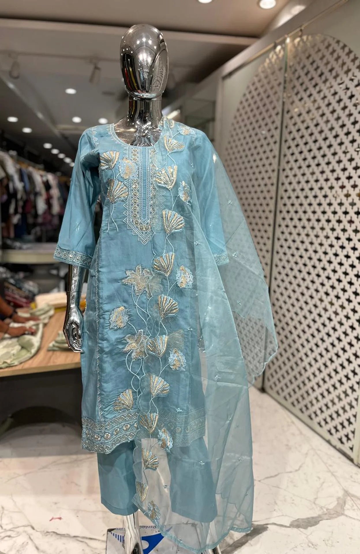 Sky Blue Silk Cotton Embroidery Work 3 Piece Kurti Pant Dupatta Set for Women | Designer Ethnic Wear