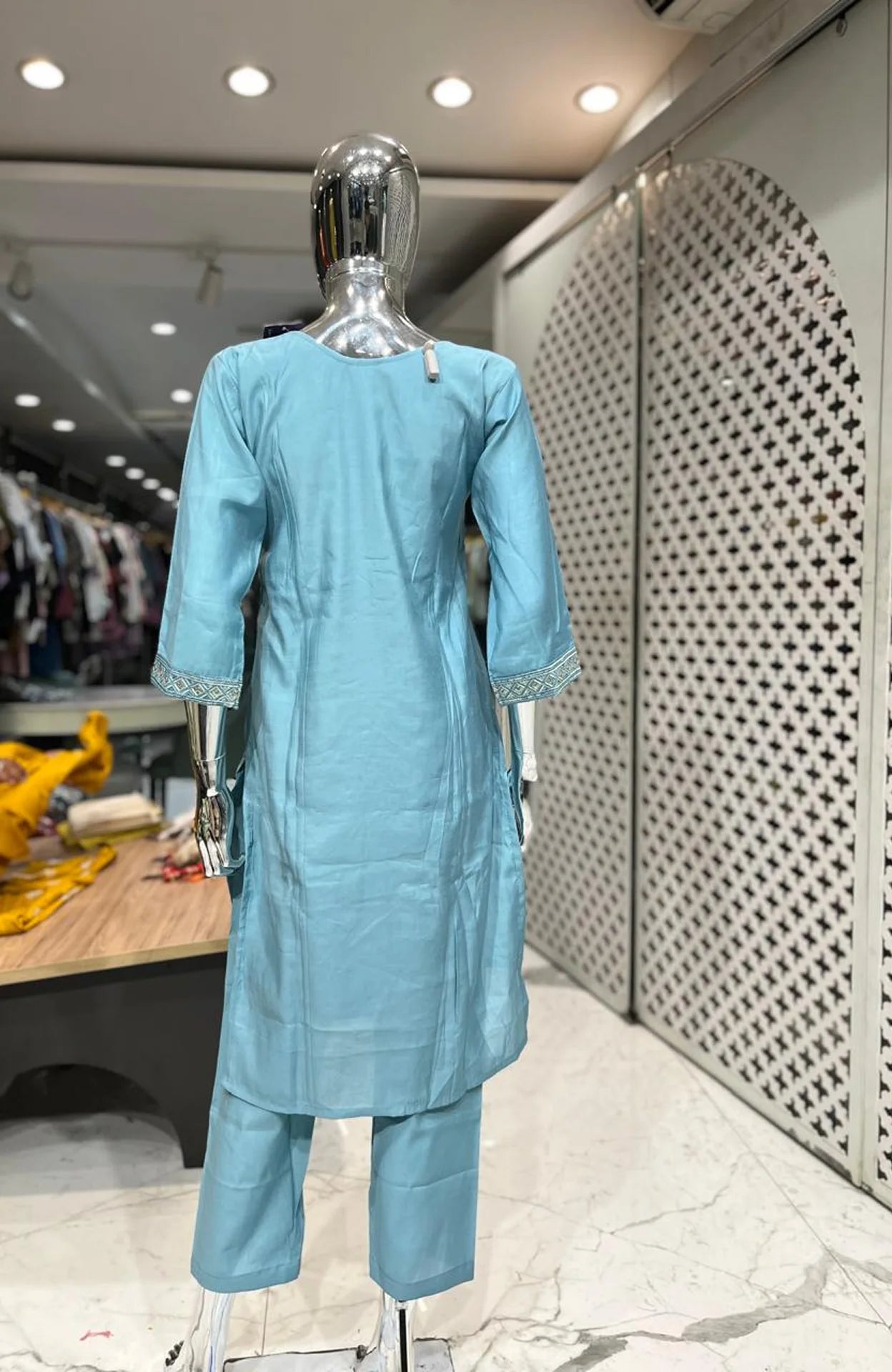 Sky Blue Silk Cotton Embroidery Work 3 Piece Kurti Pant Dupatta Set for Women | Designer Ethnic Wear