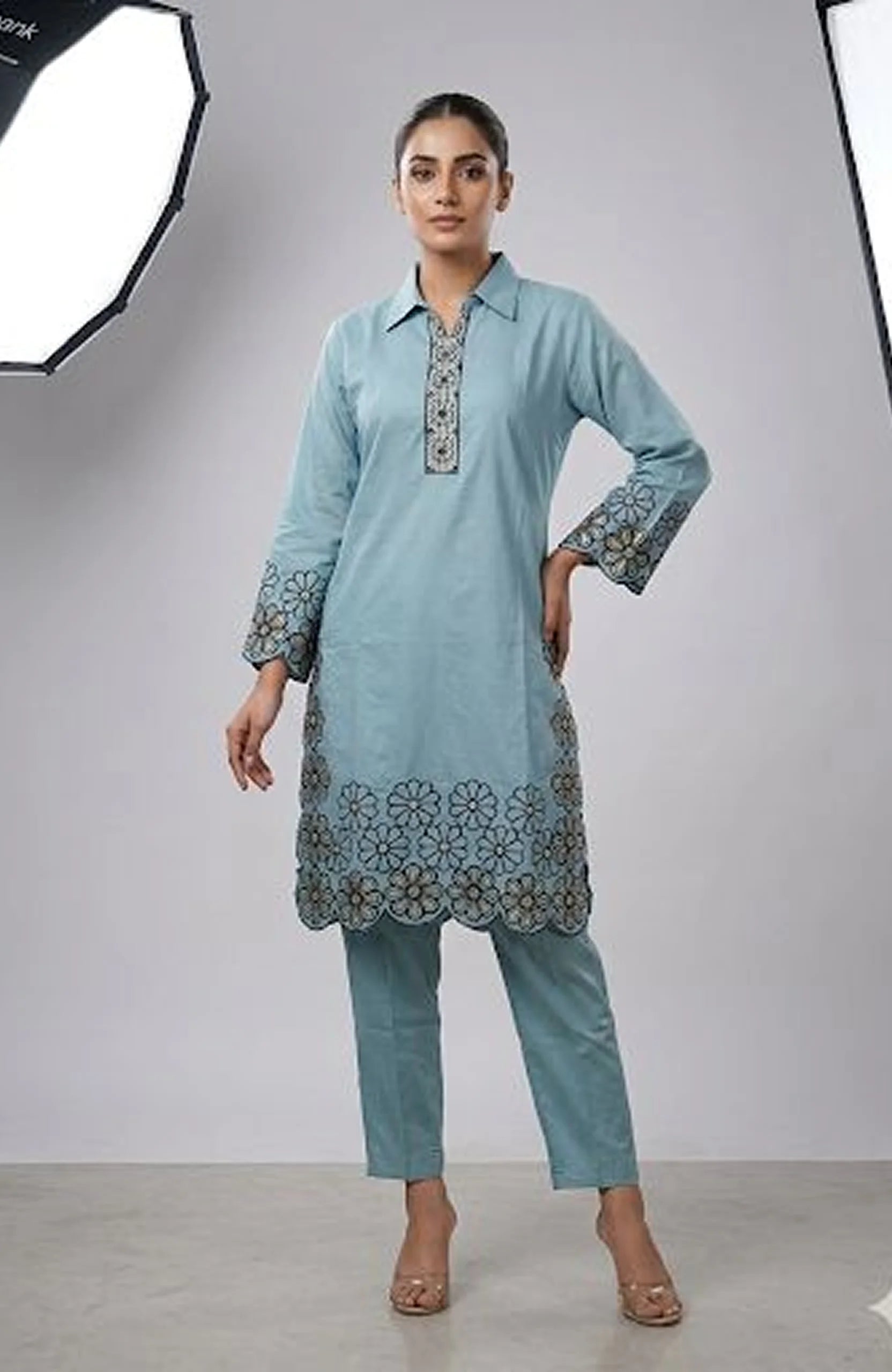 Blue Modal Silk Embroidered Co-Ord Set for Women | Elegant Floral Two Piece Cord Set
