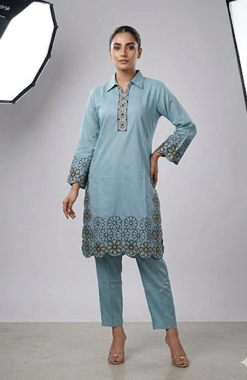 Blue Modal Silk Embroidered Co-Ord Set for Women | Elegant Floral Two Piece Cord Set