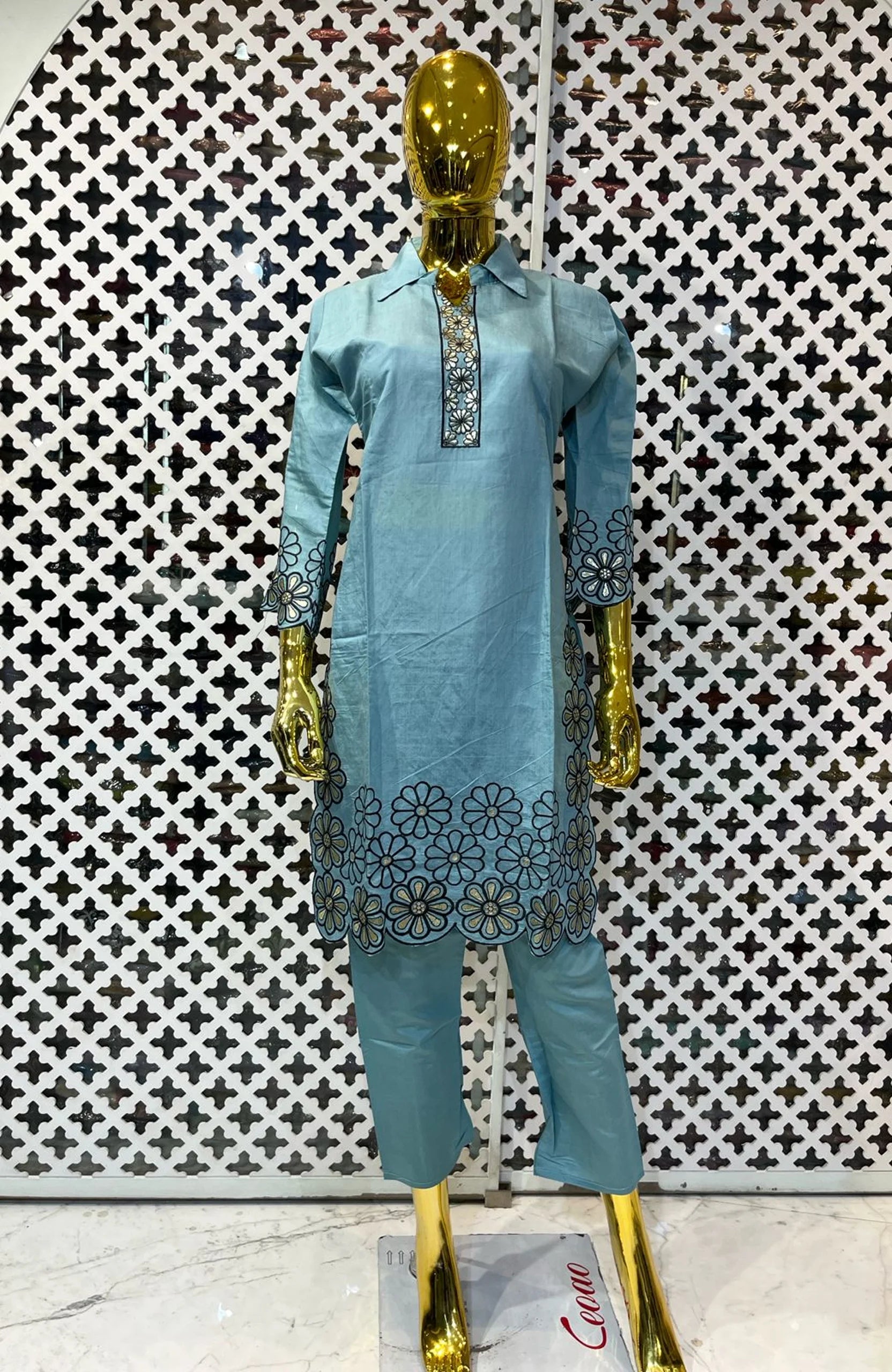 Blue Modal Silk Embroidered Co-Ord Set for Women | Elegant Floral Two Piece Cord Set