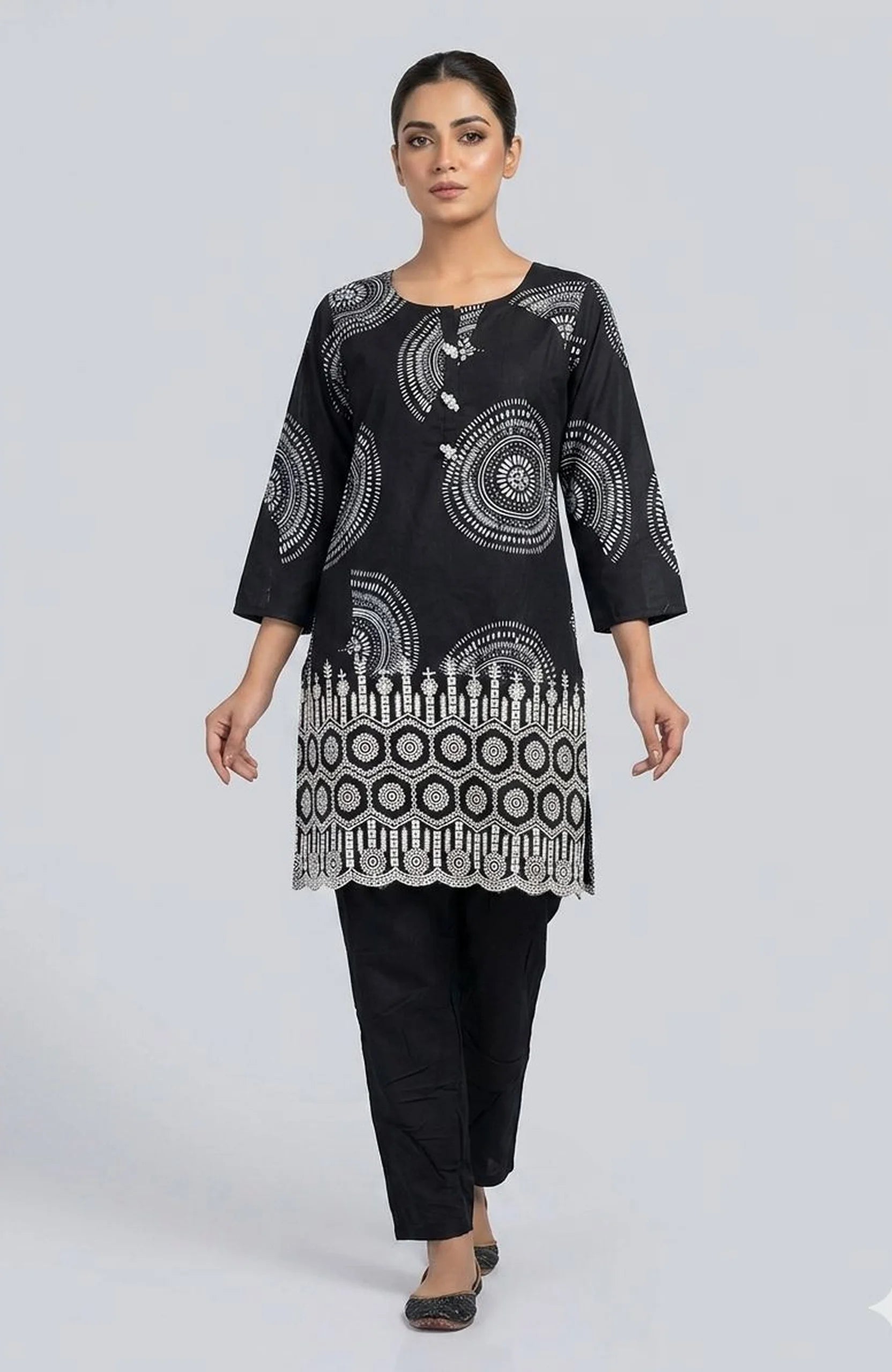 Black Pure Silk Embroidered Co-Ord Set for Women | Digital Pattern Designer 2 Piece Cord Set