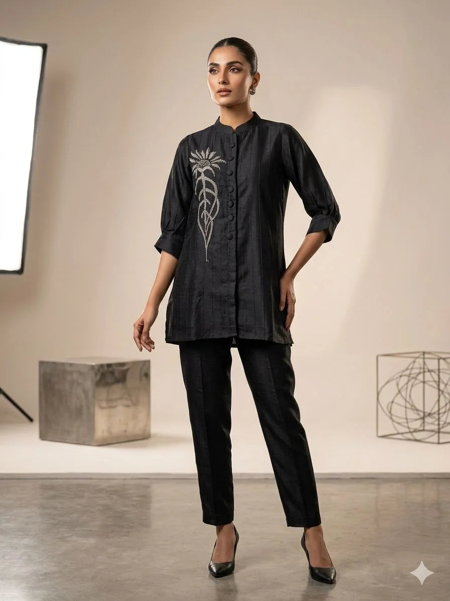 Black Silk Handwork 2 Piece Cord Set for Women | Elegant Designer Co-Ord Set