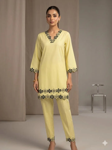 Lemon Yellow Silk Cotton Embroidery Work 2 Piece Cord Set for Women | Designer Ethnic Co-ord Set