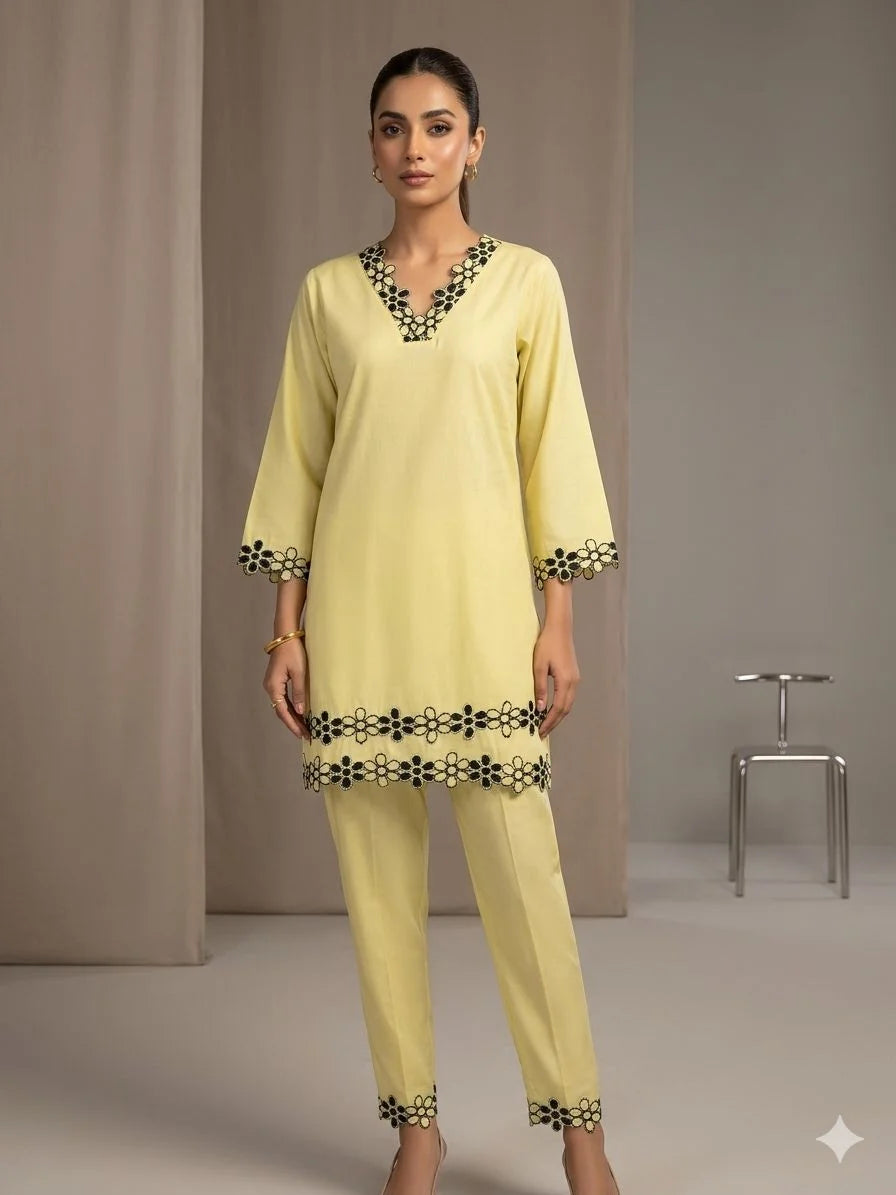 Lemon Yellow Silk Cotton Embroidery Work 2 Piece Cord Set for Women | Designer Ethnic Co-ord Set