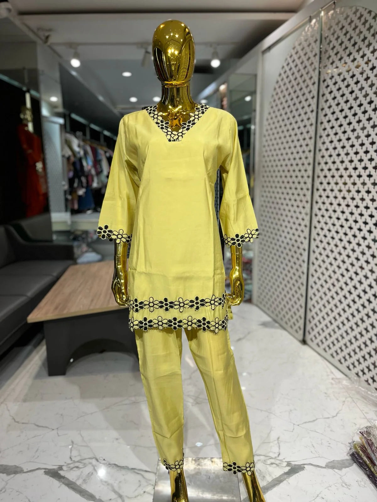 Lemon Yellow Silk Cotton Embroidery Work 2 Piece Cord Set for Women | Designer Ethnic Co-ord Set