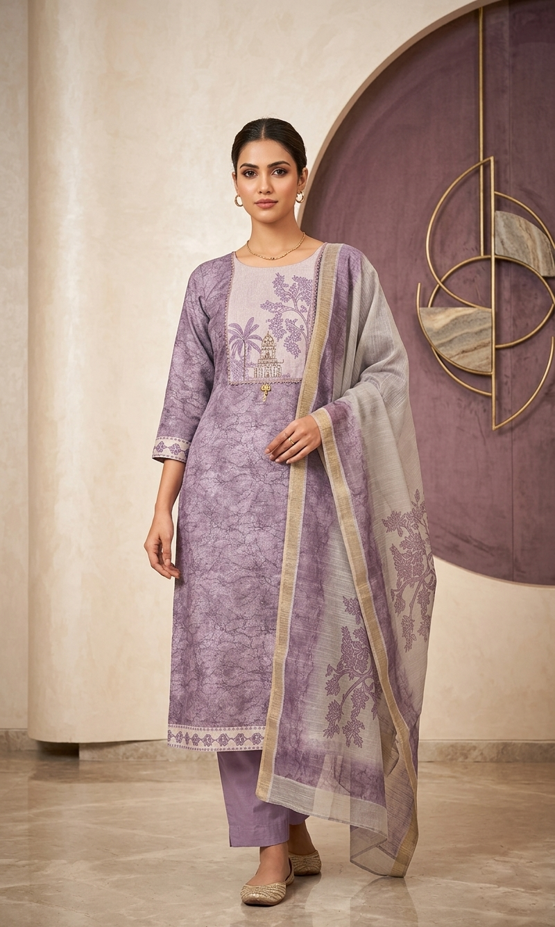 Light Purple Linen Cotton Hand Work Kurta Set with Dupatta for Women | Digital Print 3 Piece Ethnic Suit
