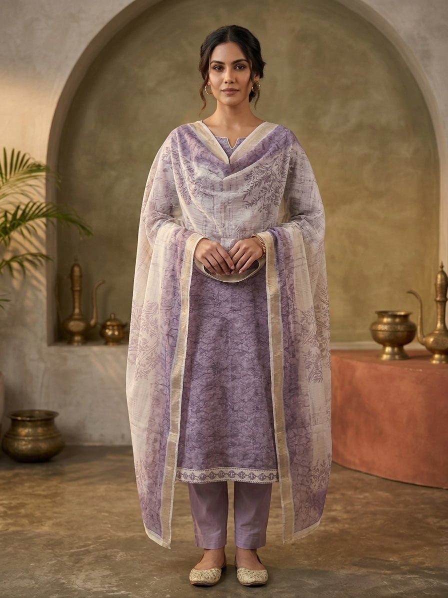 Light Purple Linen Cotton Hand Work Kurta Set with Dupatta for Women | Digital Print 3 Piece Ethnic Suit