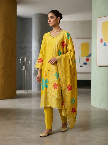 Mustard Maslinen Digital Print Kurta Set with Dupatta for Women | Hand Work 3 Piece Ethnic Suit