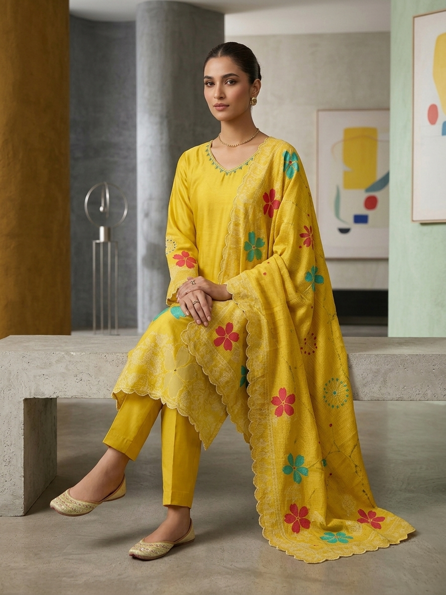 Mustard Maslinen Digital Print Kurta Set with Dupatta for Women | Hand Work 3 Piece Ethnic Suit