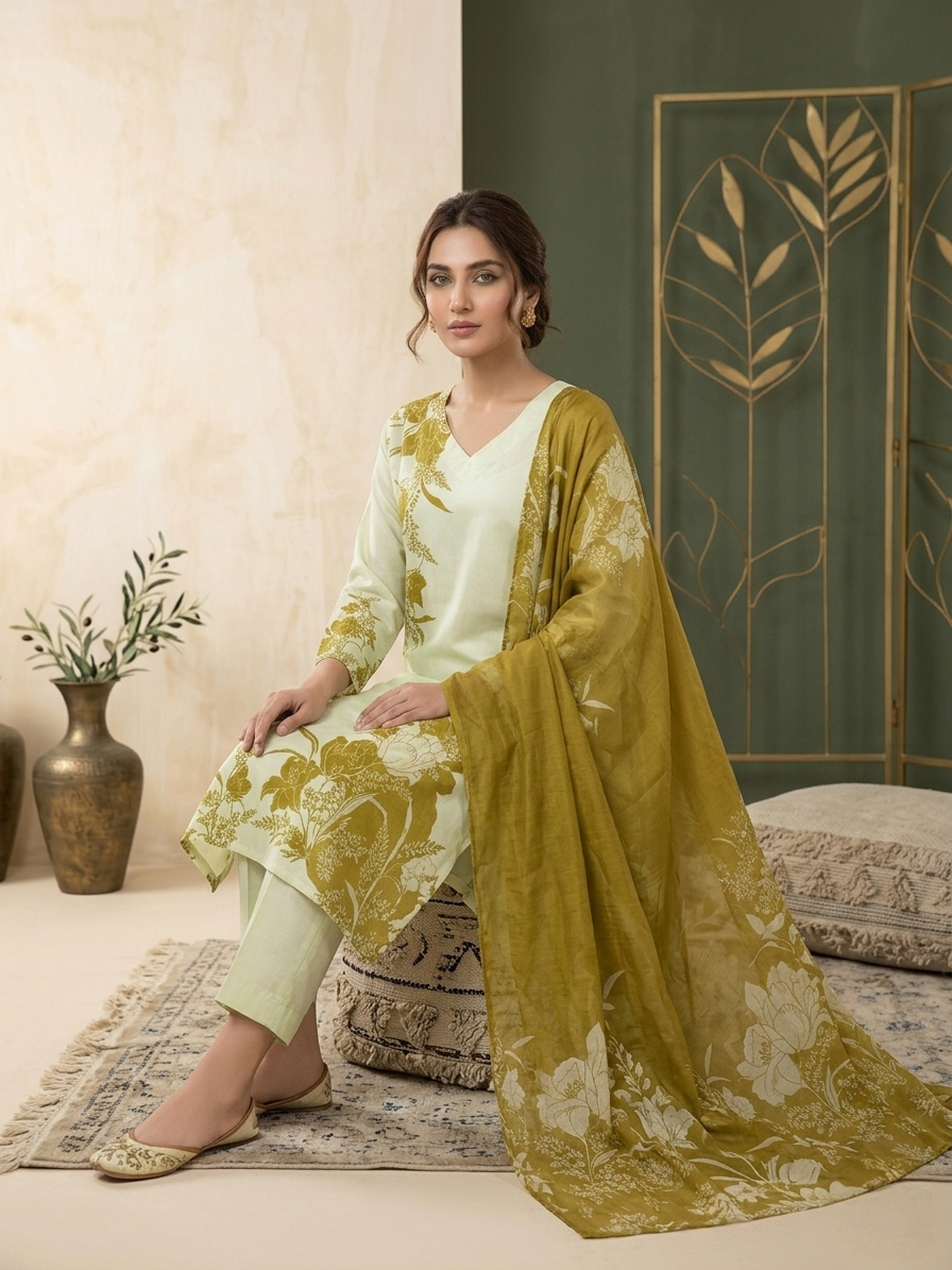 Yellowish Cream Natural Crepe Digital Print Kurta Set with Dupatta for Women | Hand Work 3 Piece Ethnic Suit