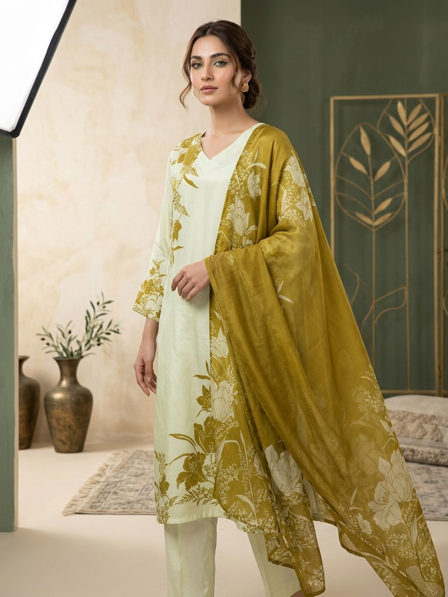 Yellowish Cream Natural Crepe Digital Print Kurta Set with Dupatta for Women | Hand Work 3 Piece Ethnic Suit
