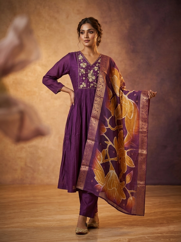 Wine Mal Chanderi Anarkali Kurta Set with Dupatta for Women | Hand Work 3 Piece Festive Suit