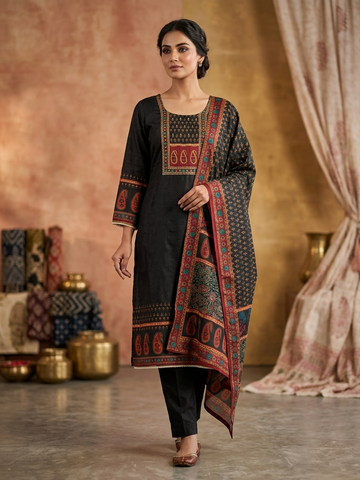 Black Maslinen Digital Print Kurta Set with Dupatta for Women | Hand Work 3 Piece Ethnic Suit