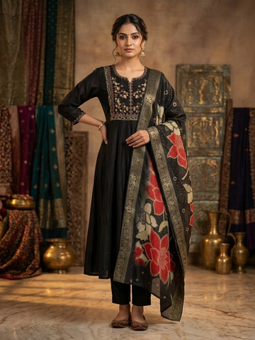 Black Mal Chanderi Anarkali Suit Set with Dupatta for Women | Hand Work 3 Piece Festive Wear