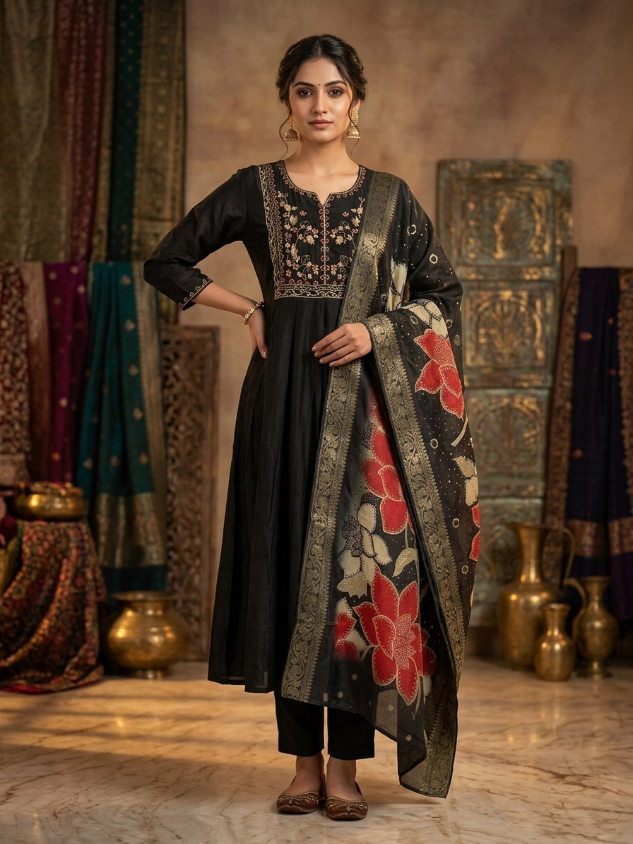 Black Mal Chanderi Anarkali Suit Set with Dupatta for Women | Hand Work 3 Piece Festive Wear