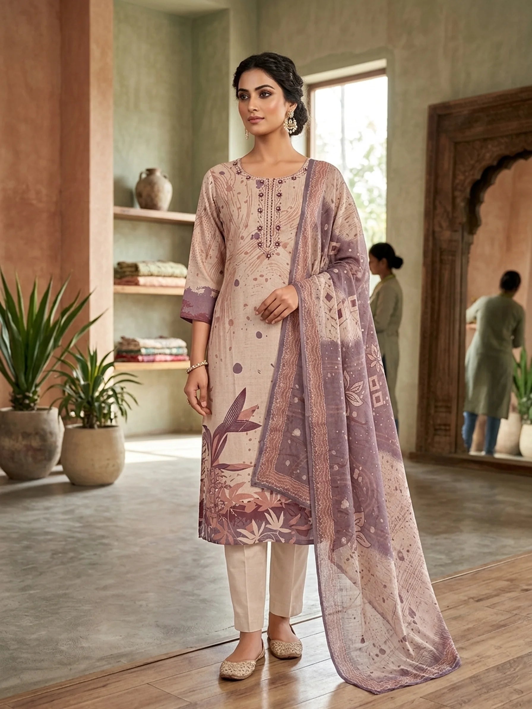 Light Chiku Vertican Silk Hand Work Kurta Set with Dupatta for Women | Digital Print 3 Piece Ethnic Suit