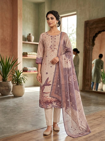 Light Chiku Vertican Silk Hand Work Kurta Set with Dupatta for Women | Digital Print 3 Piece Ethnic Suit