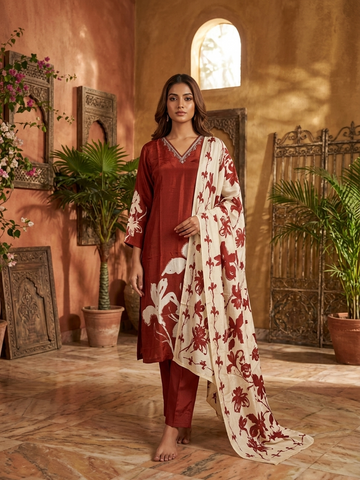Rust Natural Crepe Digital Print Kurta Set with Dupatta for Women | Hand Work 3 Piece Ethnic Suit