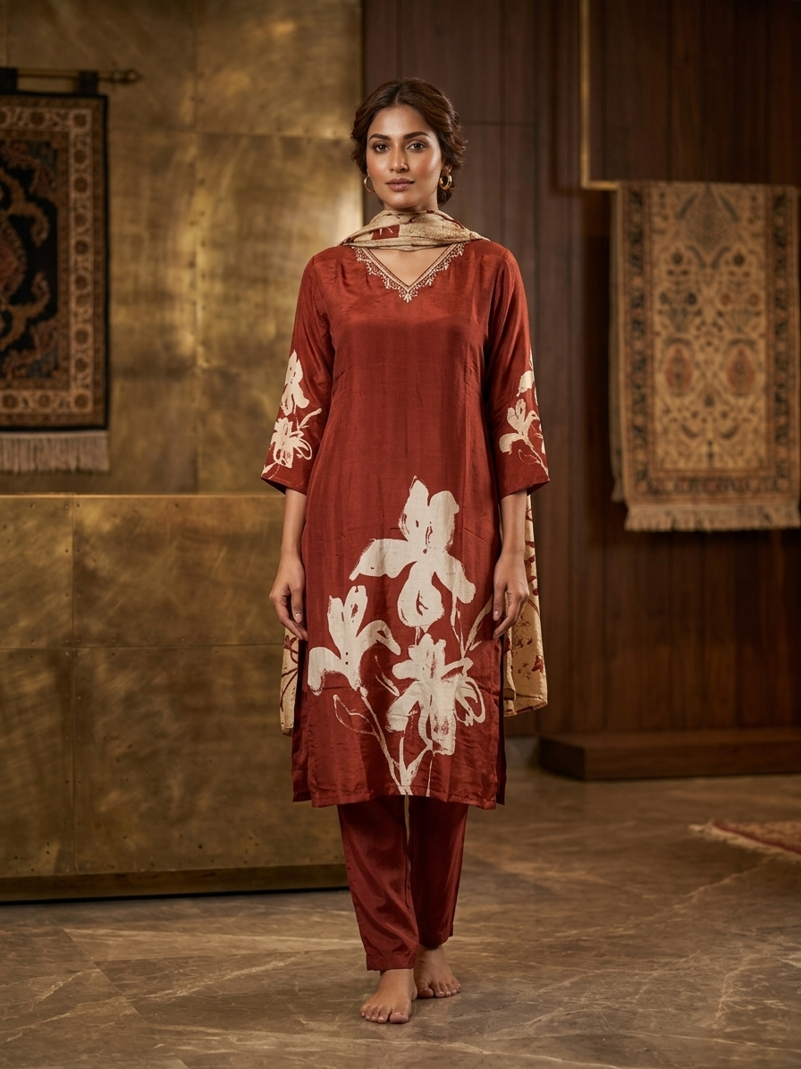 Rust Natural Crepe Digital Print Kurta Set with Dupatta for Women | Hand Work 3 Piece Ethnic Suit