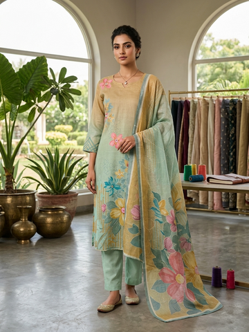 Pista Green Linen Cotton Digital Print Kurta Set with Dupatta for Women | Hand Work 3 Piece Ethnic Suit