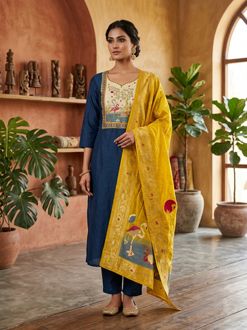 Turkish Blue Cambric Cotton Embroidered Kurta Set with Dupatta for Women | Jacquard Digital Print 3 Piece Suit