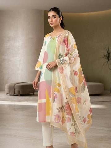 Cream Vertican Silk Digital Print Kurta Set with Dupatta for Women | Hand Work 3 Piece Ethnic Suit