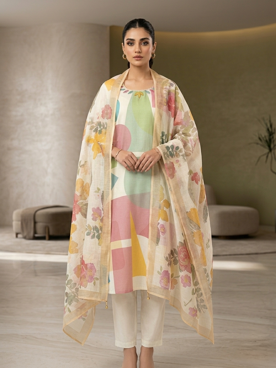 Cream Vertican Silk Digital Print Kurta Set with Dupatta for Women | Hand Work 3 Piece Ethnic Suit