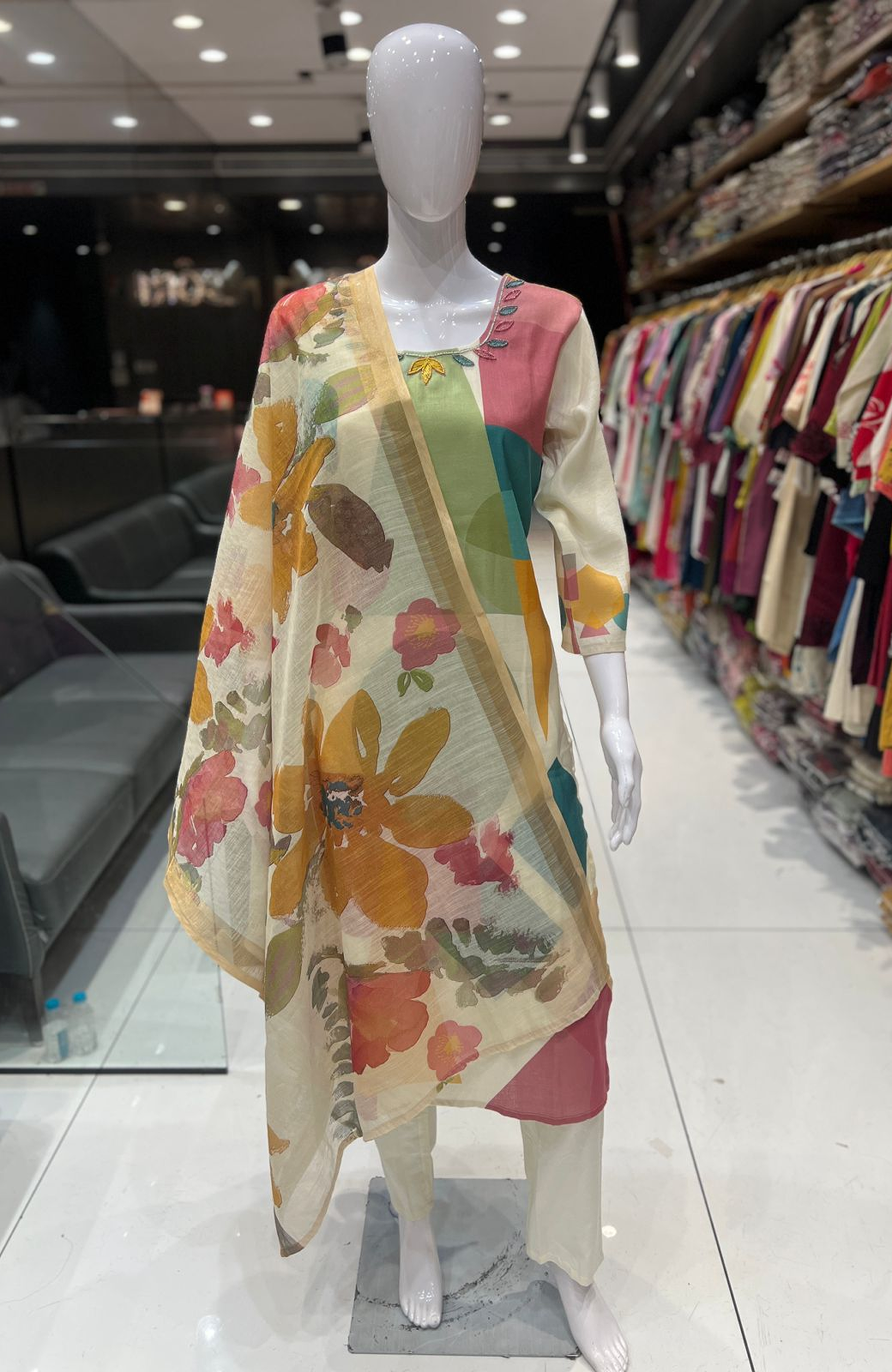 Cream Vertican Silk Digital Print Kurta Set with Dupatta for Women | Hand Work 3 Piece Ethnic Suit