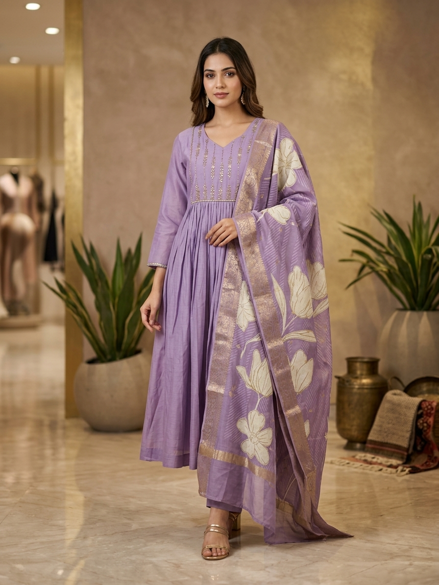 Lavender Mal Chanderi Anarkali Suit Set with Dupatta for Women | Hand Work 3 Piece Ethnic Wear