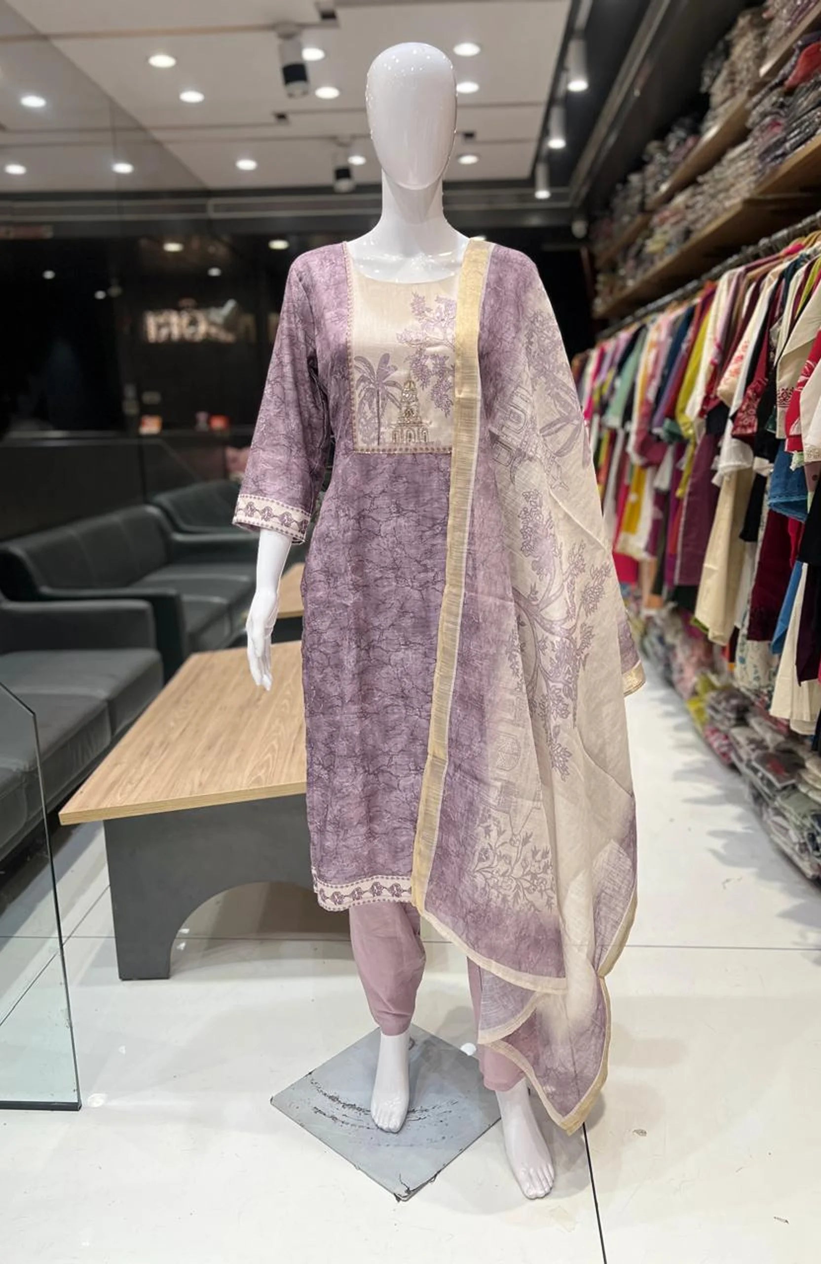 Light Purple Linen Cotton Hand Work Kurta Set with Dupatta for Women | Digital Print 3 Piece Ethnic Suit