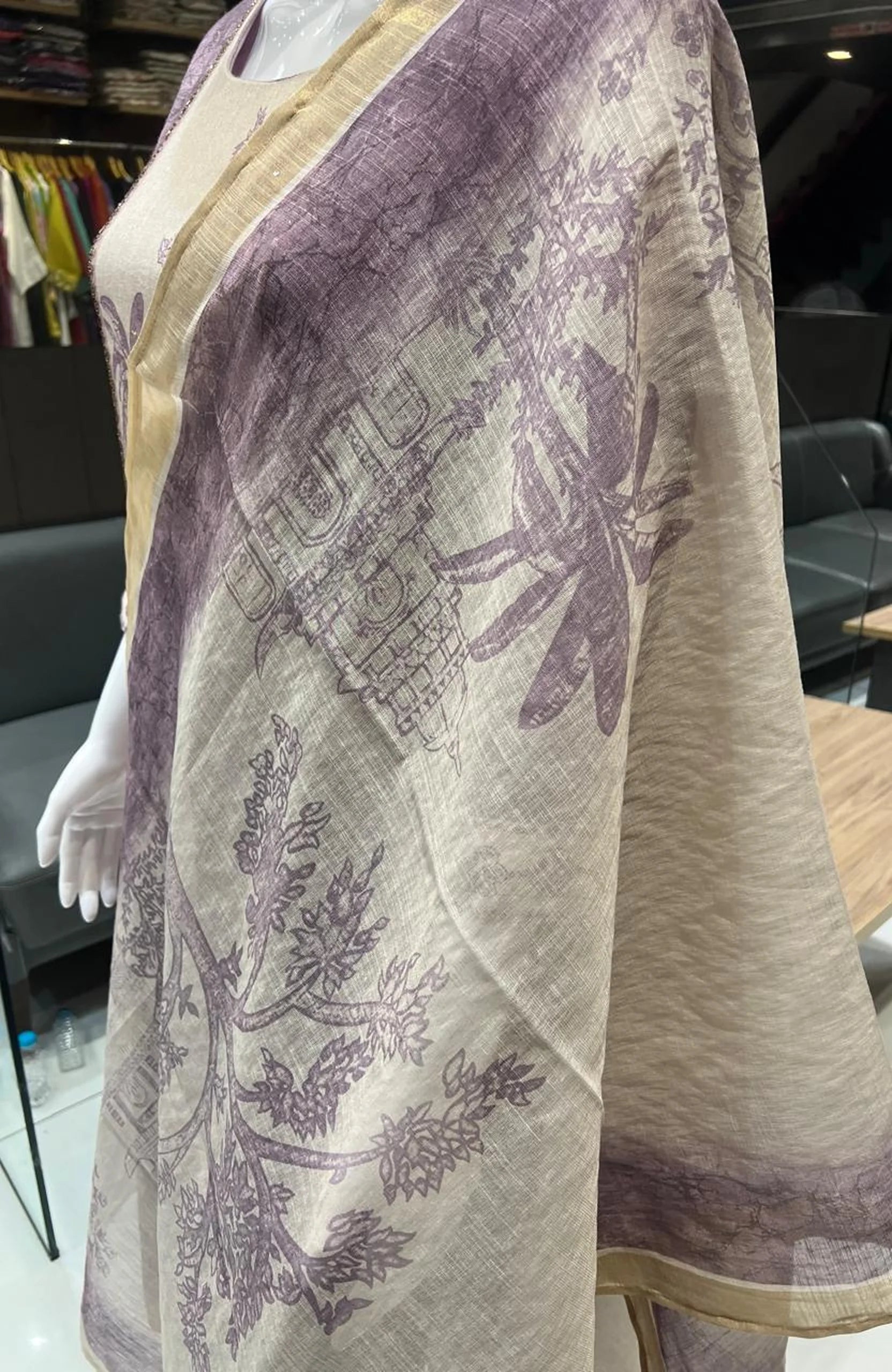 Light Purple Linen Cotton Hand Work Kurta Set with Dupatta for Women | Digital Print 3 Piece Ethnic Suit
