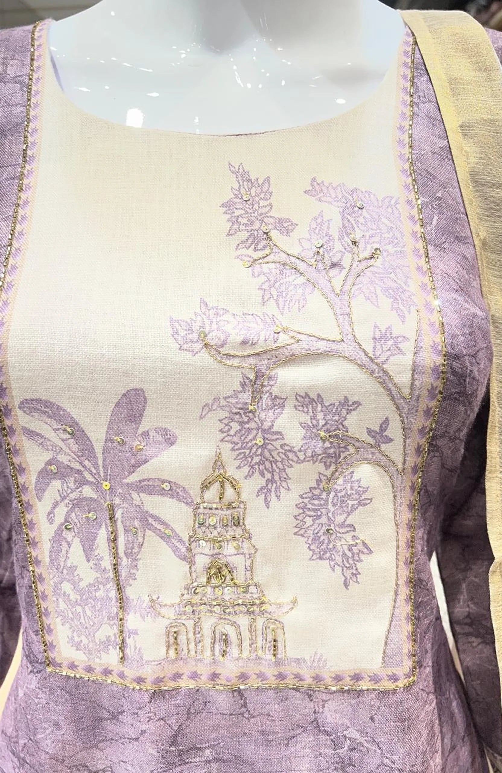 Light Purple Linen Cotton Hand Work Kurta Set with Dupatta for Women | Digital Print 3 Piece Ethnic Suit