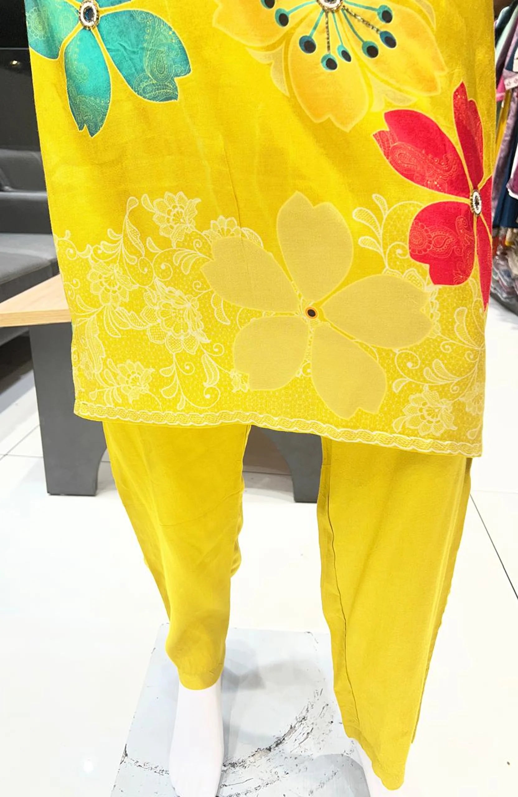 Mustard Maslinen Digital Print Kurta Set with Dupatta for Women | Hand Work 3 Piece Ethnic Suit