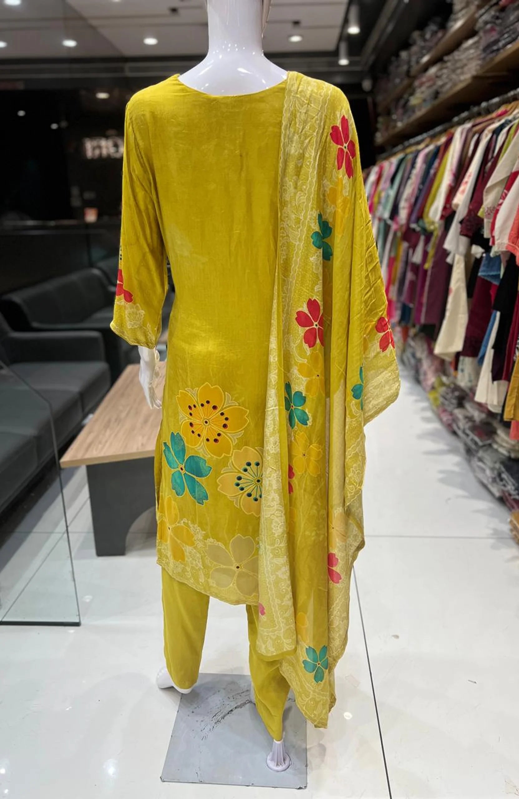Mustard Maslinen Digital Print Kurta Set with Dupatta for Women | Hand Work 3 Piece Ethnic Suit