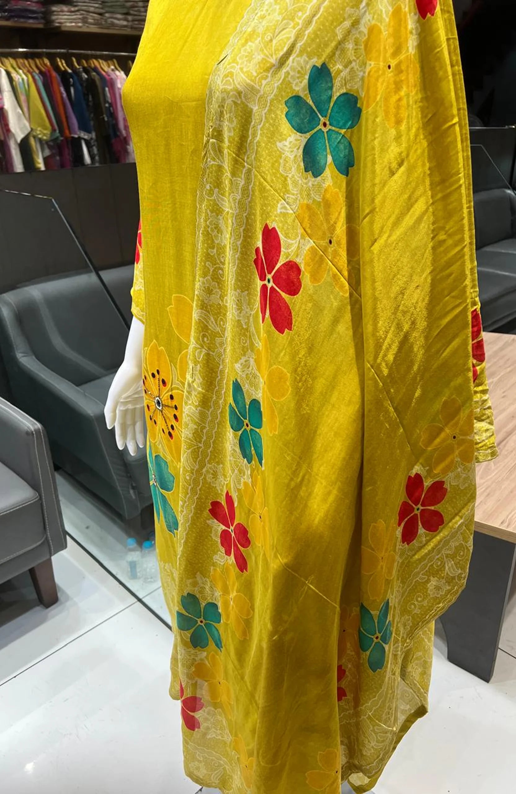 Mustard Maslinen Digital Print Kurta Set with Dupatta for Women | Hand Work 3 Piece Ethnic Suit