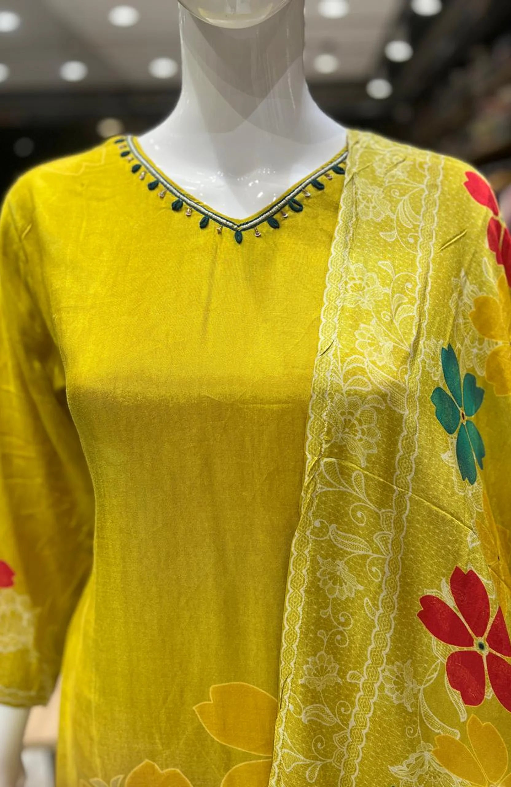 Mustard Maslinen Digital Print Kurta Set with Dupatta for Women | Hand Work 3 Piece Ethnic Suit