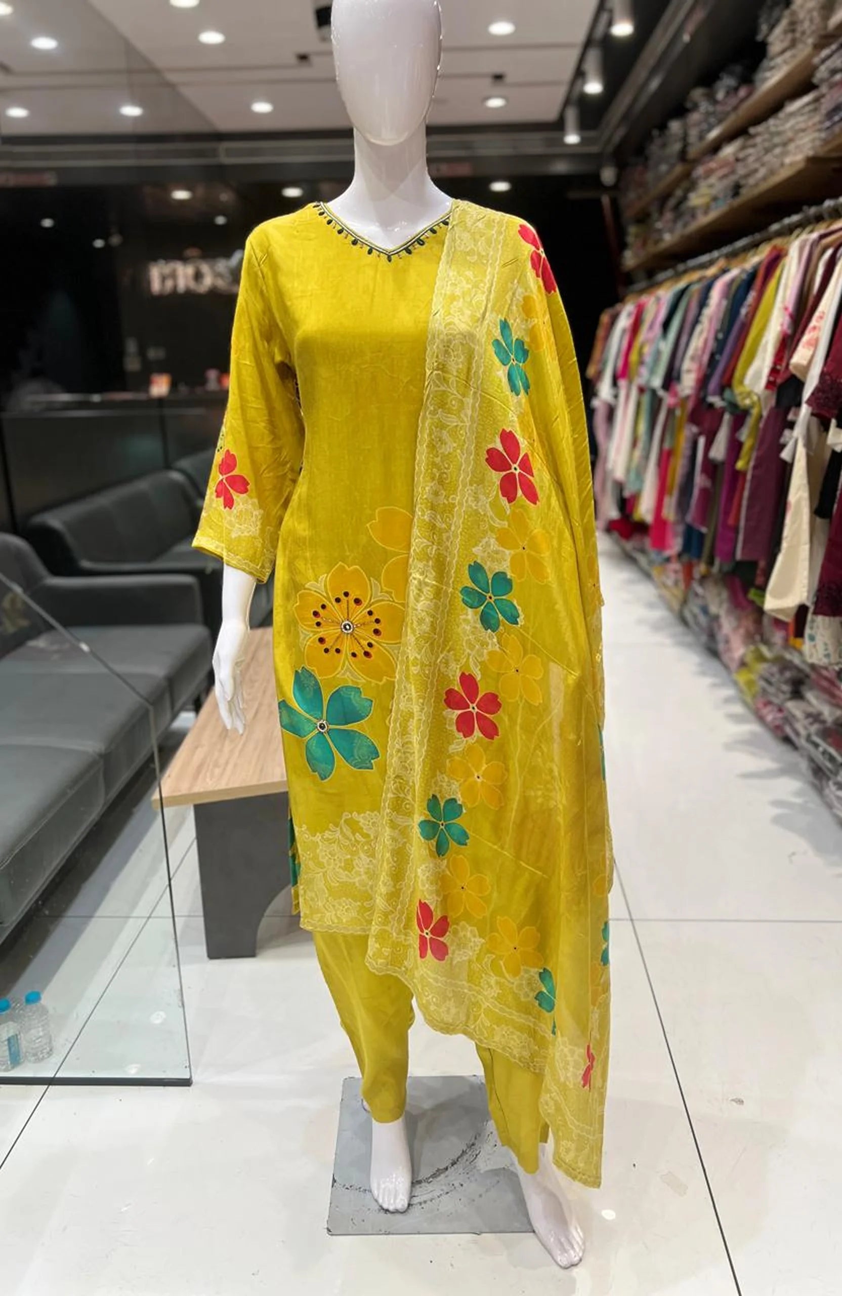 Mustard Maslinen Digital Print Kurta Set with Dupatta for Women | Hand Work 3 Piece Ethnic Suit