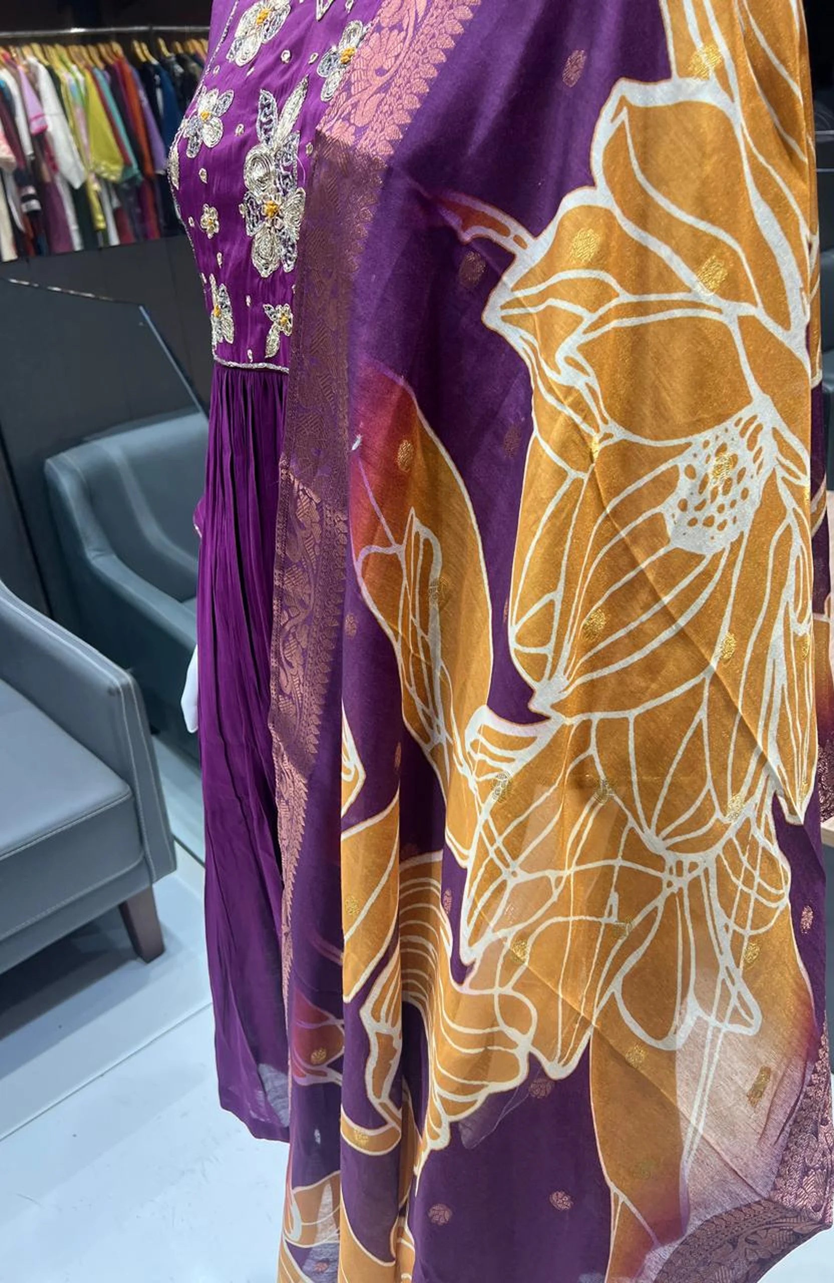 Wine Mal Chanderi Anarkali Kurta Set with Dupatta for Women | Hand Work 3 Piece Festive Suit