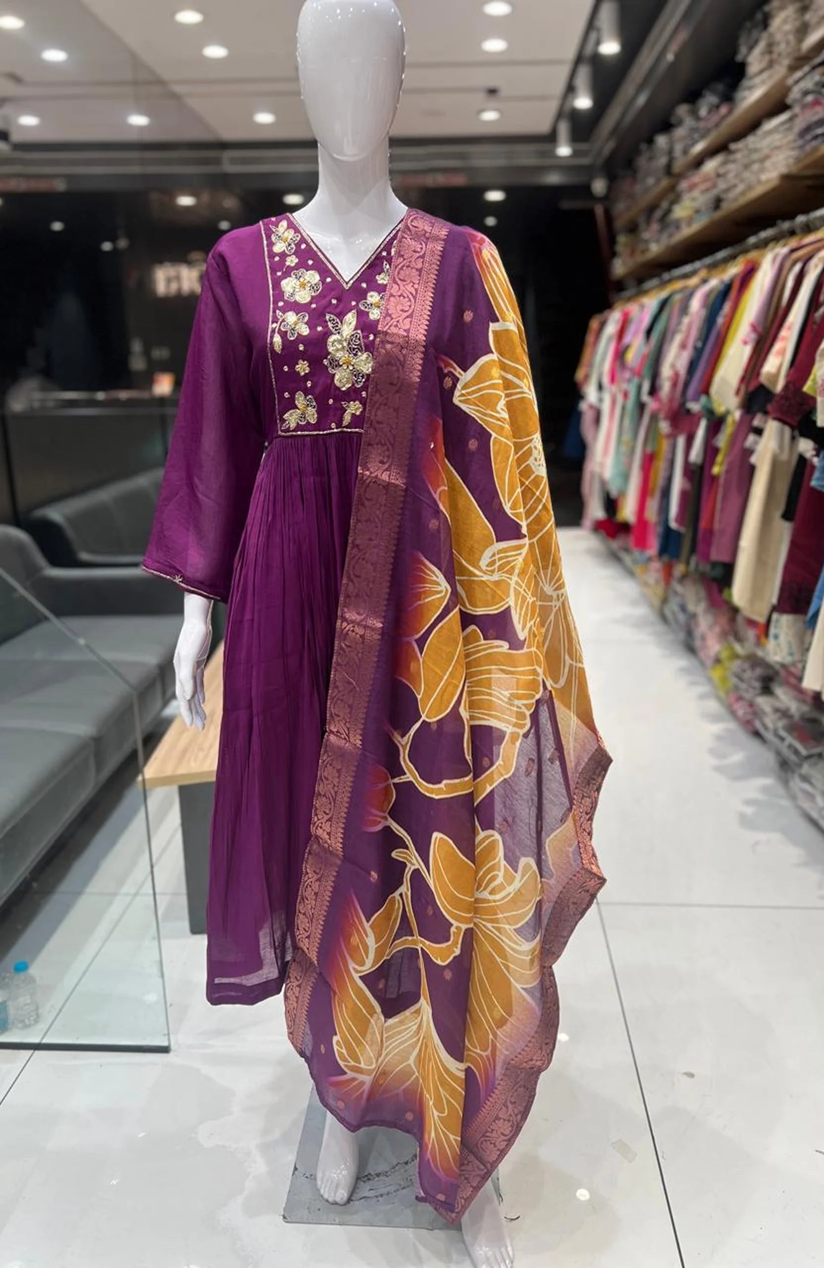 Wine Mal Chanderi Anarkali Kurta Set with Dupatta for Women | Hand Work 3 Piece Festive Suit